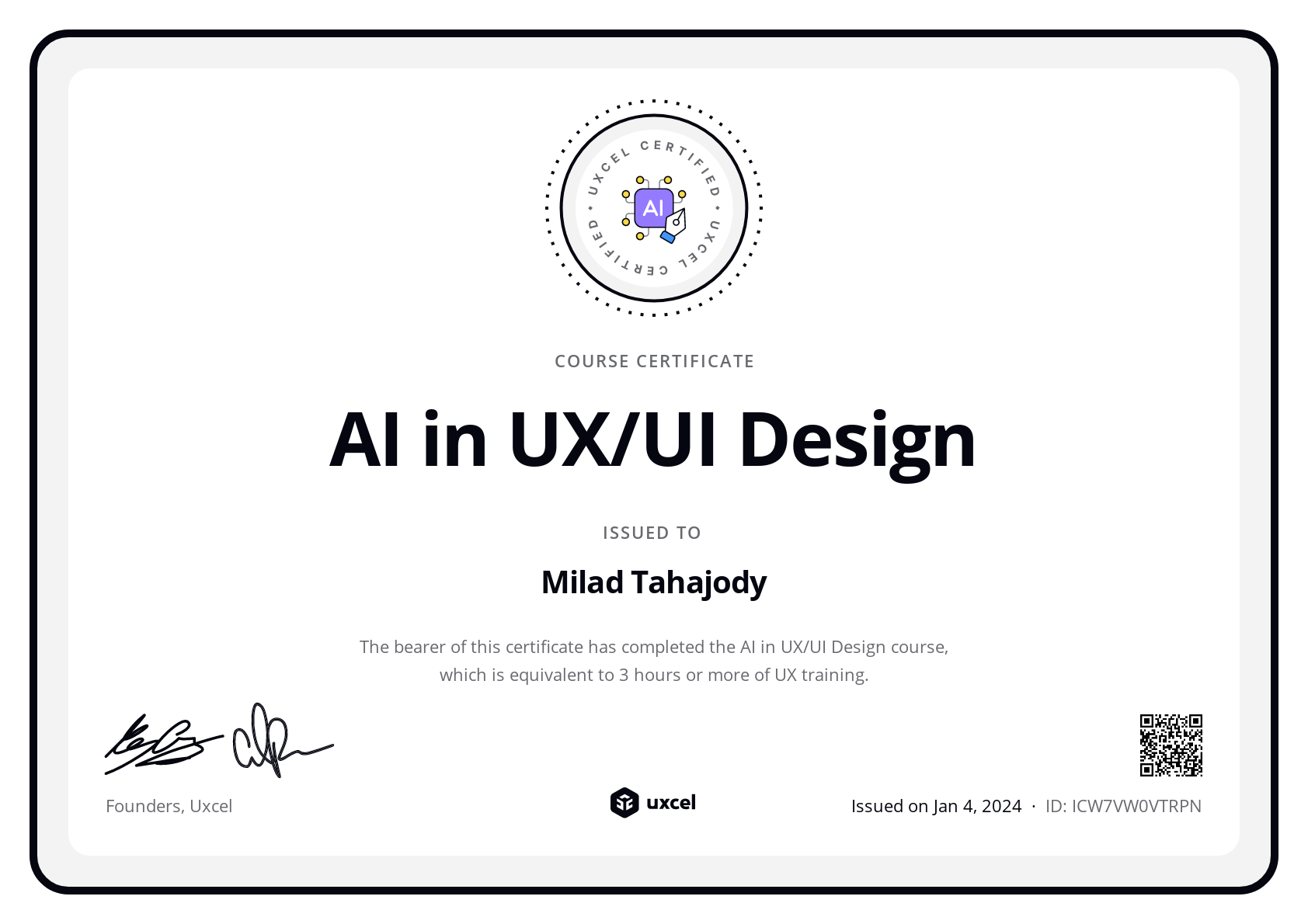 Milad Tahajody's certificate